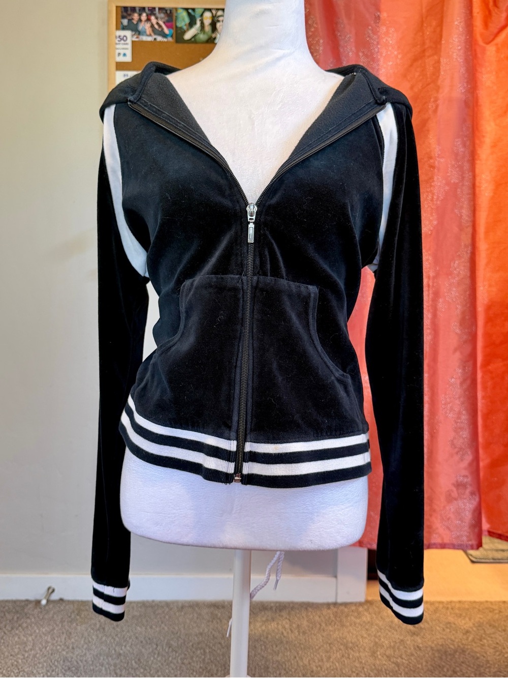 Y2K Athletic Black Velour Zip-Up Hoodie Jacket with White Stripe Trim